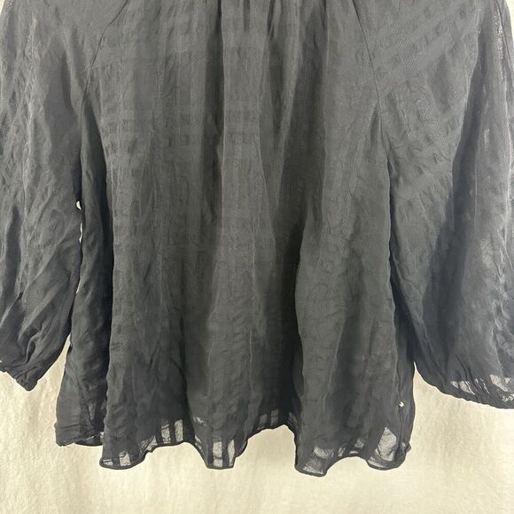 Pearl By Lela Rose Sheer Black Windowpane 3/4 Peasant Top Womens Size M - Picture 5 of 13